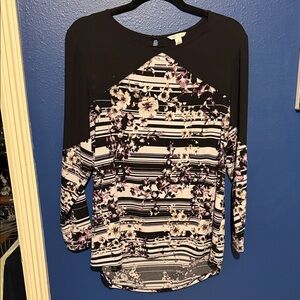 Cato Black and Purple Floral Striped Long Sleeve Top